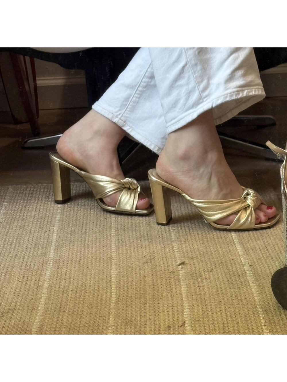 Gold metallic Jimmy Choo heels with a square toe and block heel